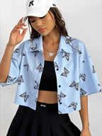 Butterfly Print Loose Shirt for Casual Chic in White and Blue