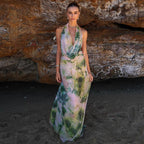 Women's 2-Piece Tie-Dye Halter V-Neck Backless Dress