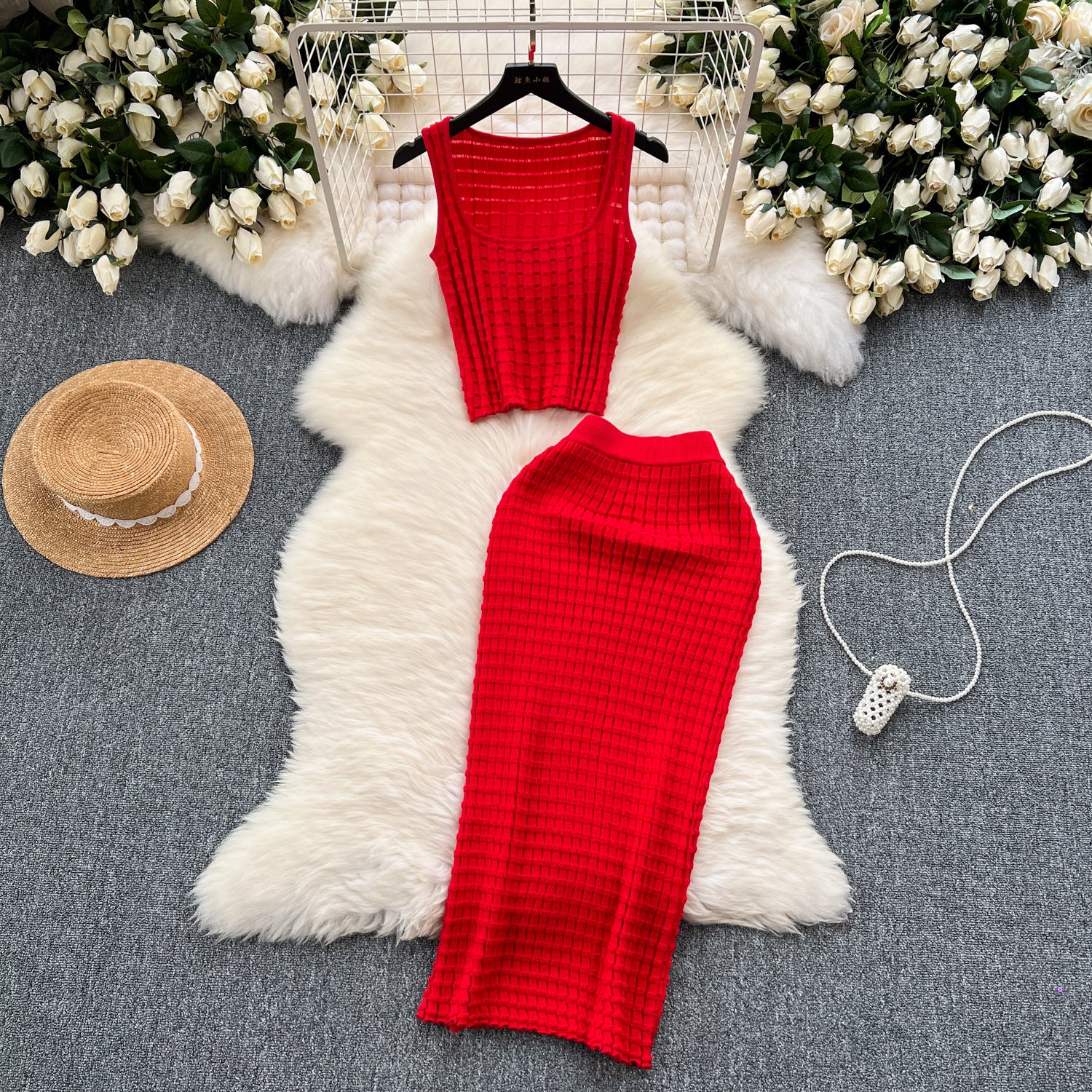 Elegant Chenille Knitted Top And Skirt Set Soft Textures