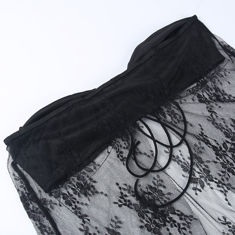 Sheer Knitted Tube Top With Lace And Hollowout Details