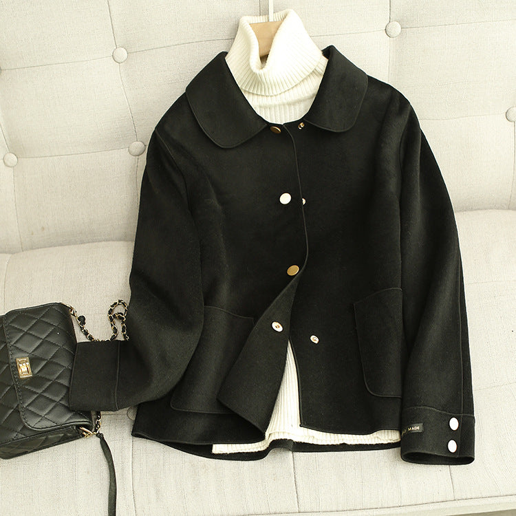 Reversible Wool Coat for Women, Short Length, Chic Lapel Outerwear