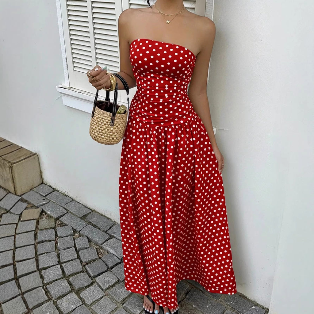 Elegant Polka-dot Off-shoulder High-waist Strapless Dress