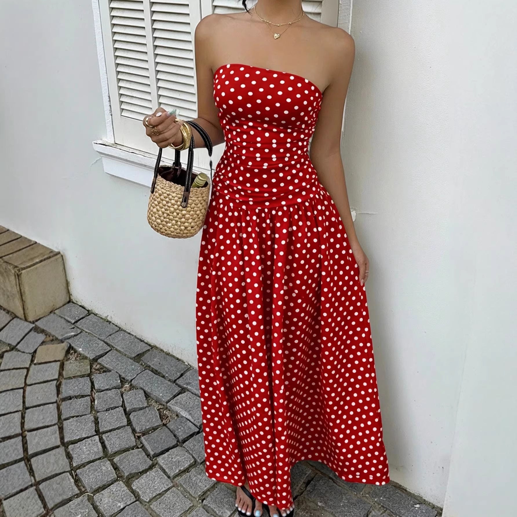 Elegant Polka-dot Off-shoulder High-waist Strapless Dress
