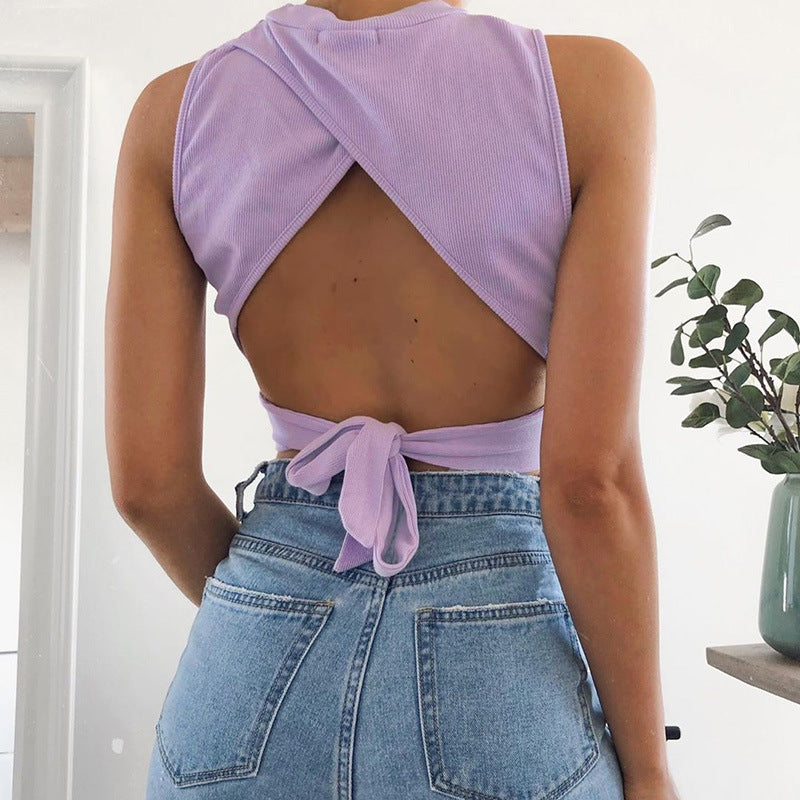Lace-Up Tank Top For Women Round Neck Slim Fit Cotton Blend Crop Top