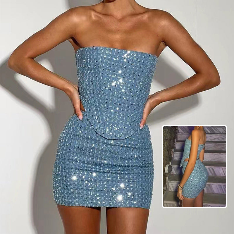 Denim Sequins Set With Tube Top And Slim Skirt