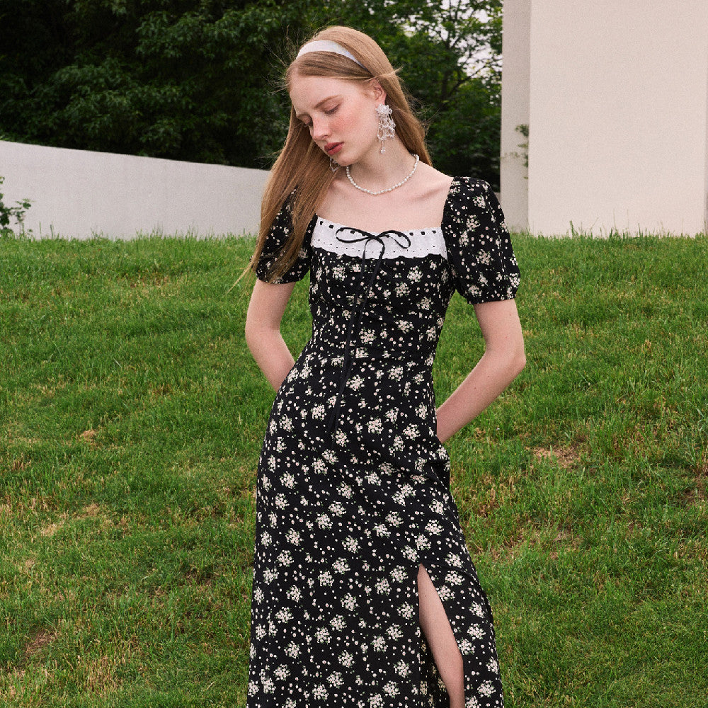 Black Floral Summer Dress With French Slit