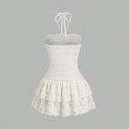 Halterneck White Dress With High Waist And Flared Bell Skirt