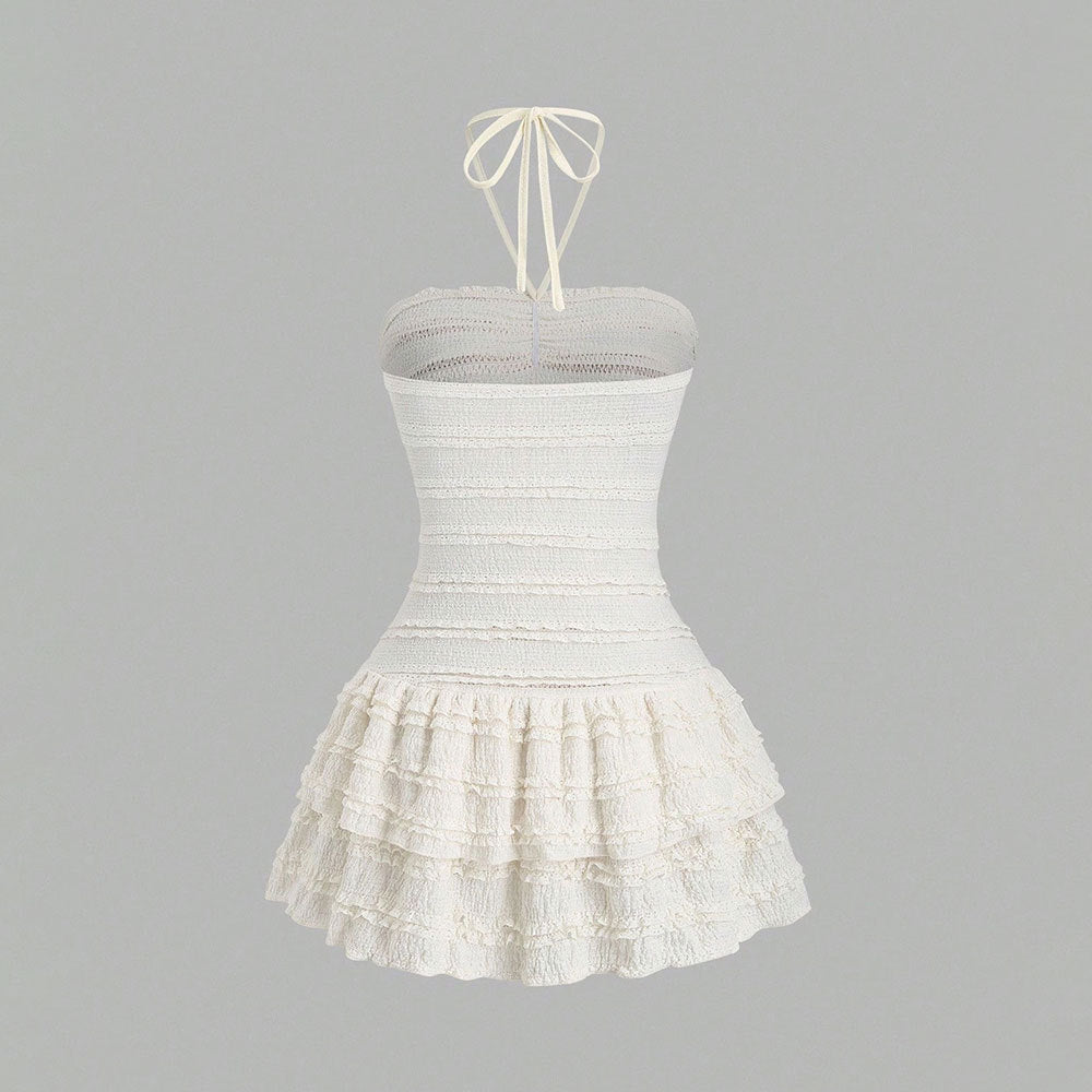Halterneck White Dress With High Waist And Flared Bell Skirt