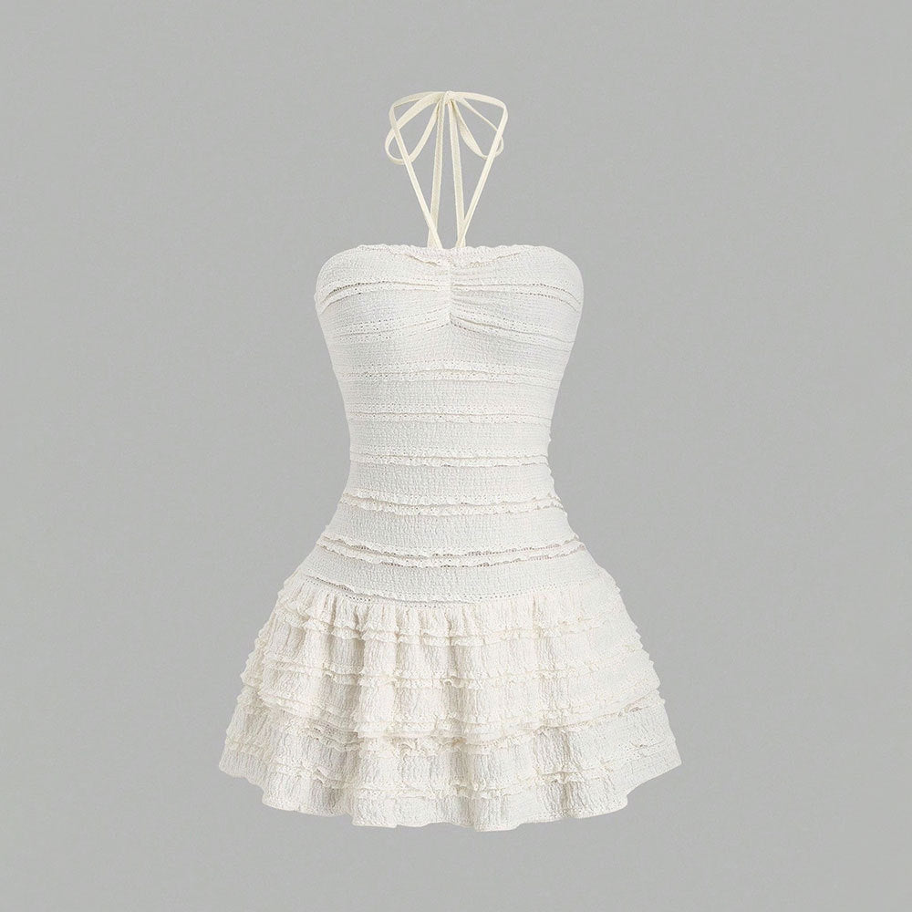 Halterneck White Dress With High Waist And Flared Bell Skirt
