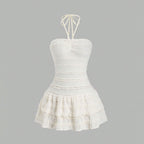 Halterneck White Dress With High Waist And Flared Bell Skirt