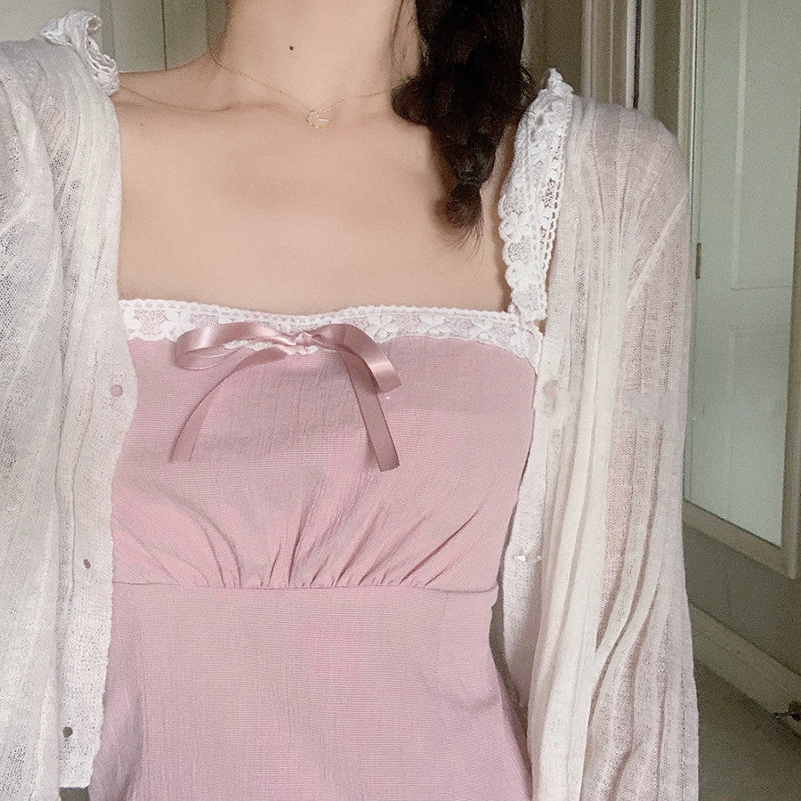 Pink Lace Cardigan Set With Suspender Skirt Two Piece Outfit For A Chic Cozy Vibe