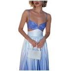 Chic Gradient Blue Sleeveless Dress With Wide Waist