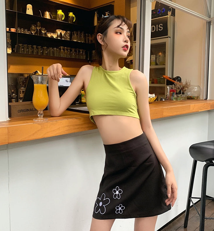 Summer Korean Style Chic Floral Embroidered Halter Top Skirt Set