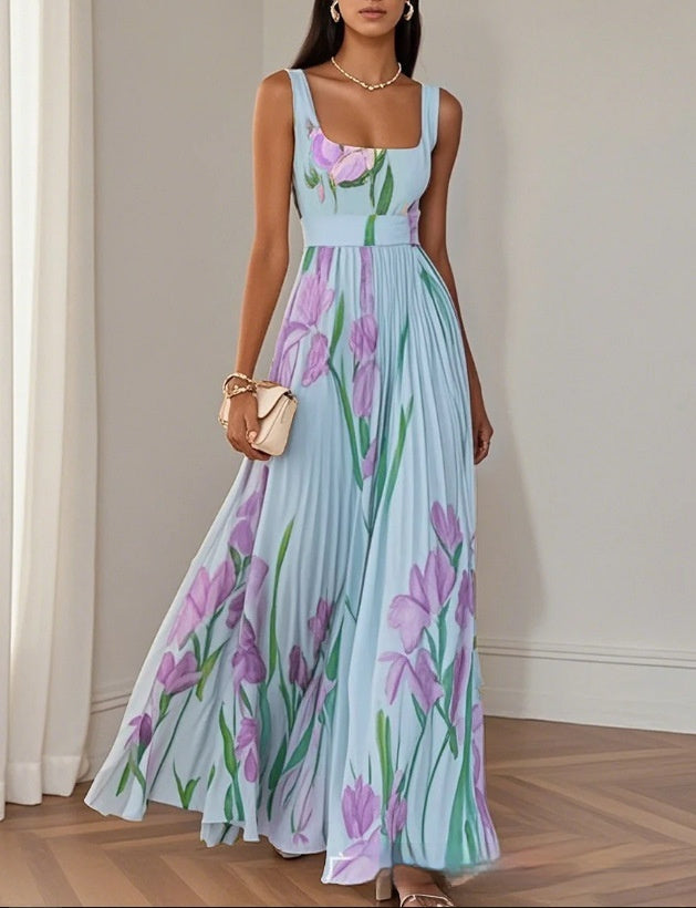 Floral Print Pleated A-Line Sleeveless Midi Dresses