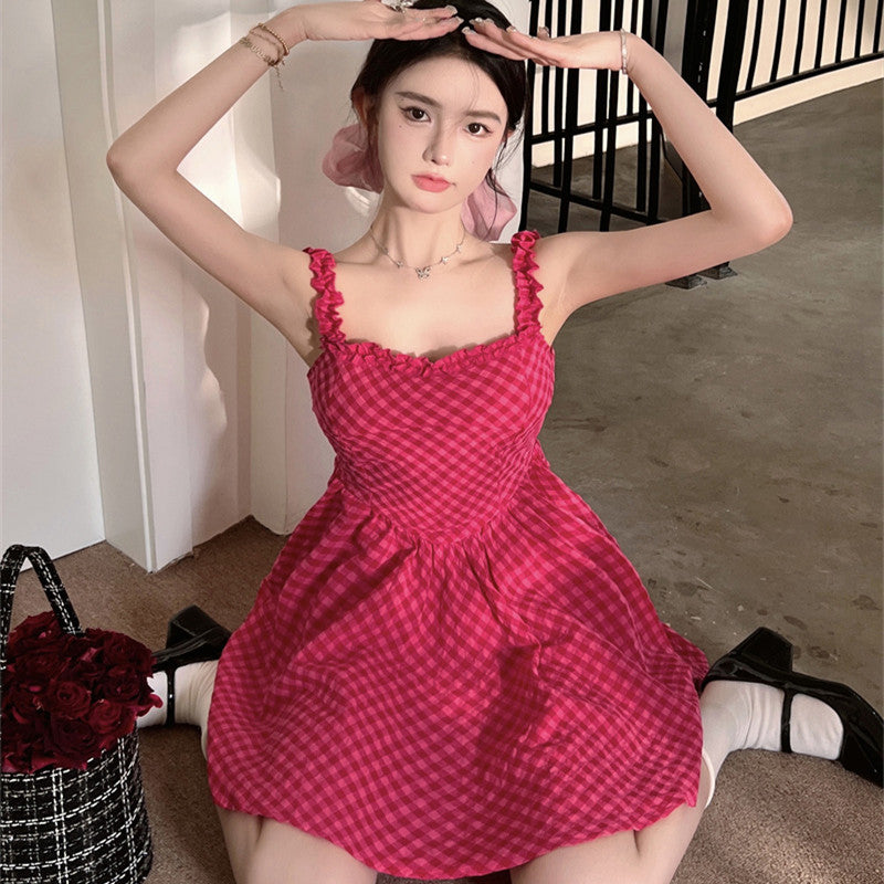 Raspberry Plaid Suspender Dress With High Waist Sleeveless