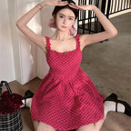 Raspberry Plaid Suspender Dress With High Waist Sleeveless