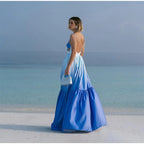 Chic Gradient Blue Sleeveless Dress With Wide Waist