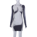 Fashion Body Printed Long-sleeved Slim Round Neck Short Dress