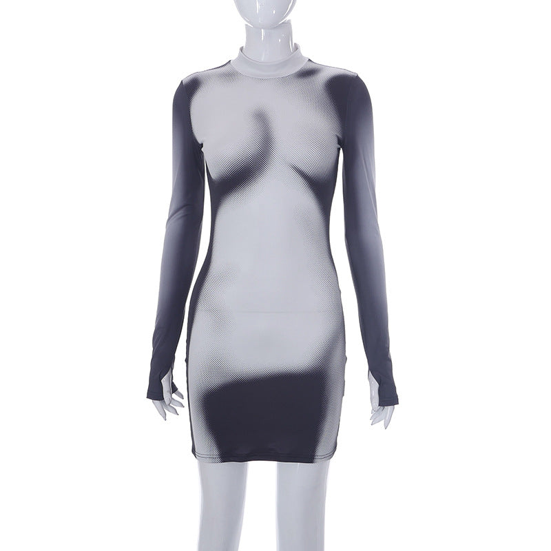 Fashion Body Printed Long-sleeved Slim Round Neck Short Dress