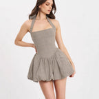 Chic Halter Dress In Gray Stripe Plaid High Waist Long Skirt With Pockets