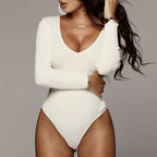 Deep V Neck Long Sleeve Jumpsuit In Cotton Blend Casual Chic