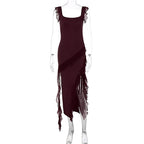 Ruffle Thigh High Split Suspender Dress With Spaghetti Straps