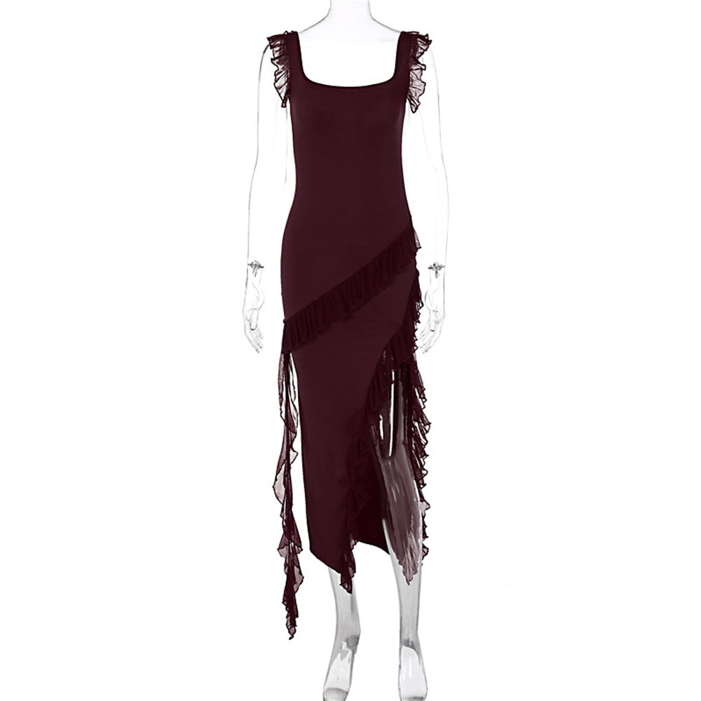 Ruffle Thigh High Split Suspender Dress With Spaghetti Straps
