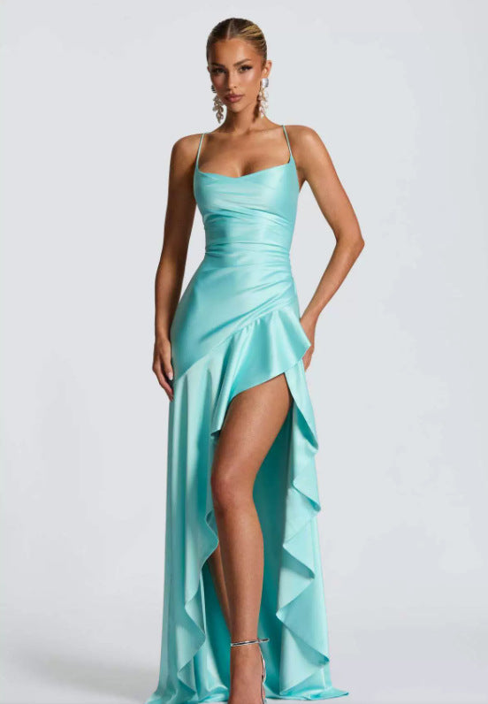 Women's Backless Ruffle Maxi Dress High Waist Split Evening Party