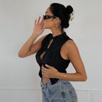Elegant Solid Color Cropped Cardigan Tank Top For Ladies With Exposed Navel Knitted Slim
