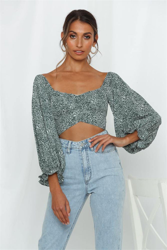 Square Neck Long Sleeve Street Style Top With Tie Print And Three Dimensional Pattern
