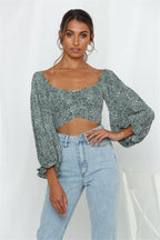 Square Neck Long Sleeve Street Style Top With Tie Print And Three Dimensional Pattern