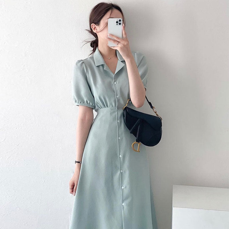 Soft Bubble Sleeve Shirt Dress With V Neck Collar
