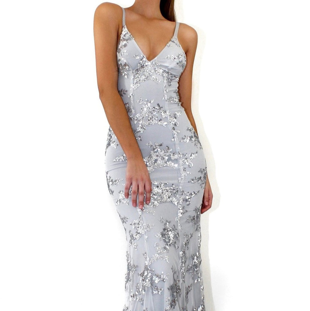 V-Neck Sequined Backless Maxi Dress - High Waist Prom Gown