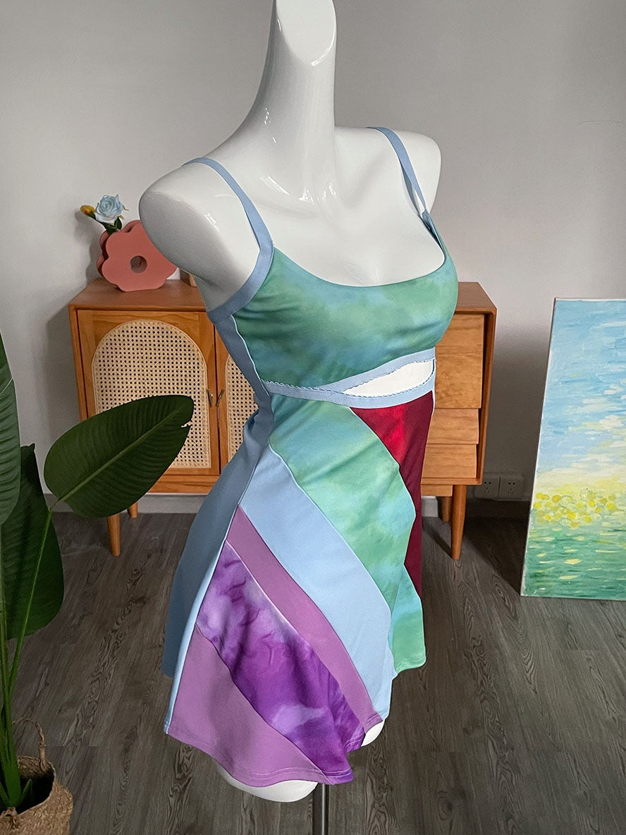 Y2K Aesthetic Patchwork Front Cut Out Stripe Spaghetti Strap Sexy Dress