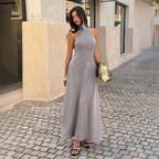Gray Satin Dress With Patchwork Detail For Elegant
