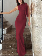 One-Shoulder Ribbon Long Dress Slim Fit Sleeveless Evening Party