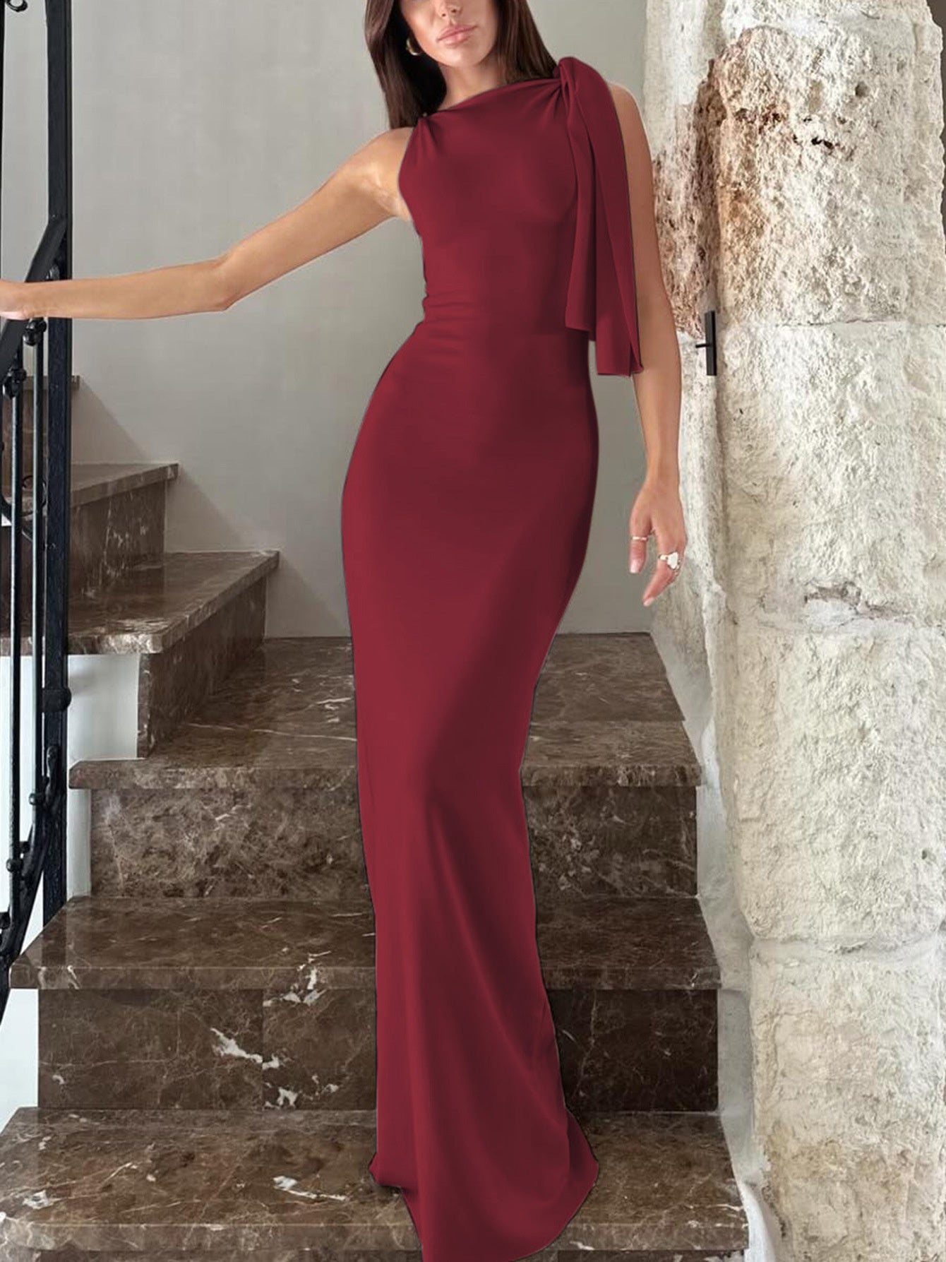 One-Shoulder Ribbon Long Dress Slim Fit Sleeveless Evening Party