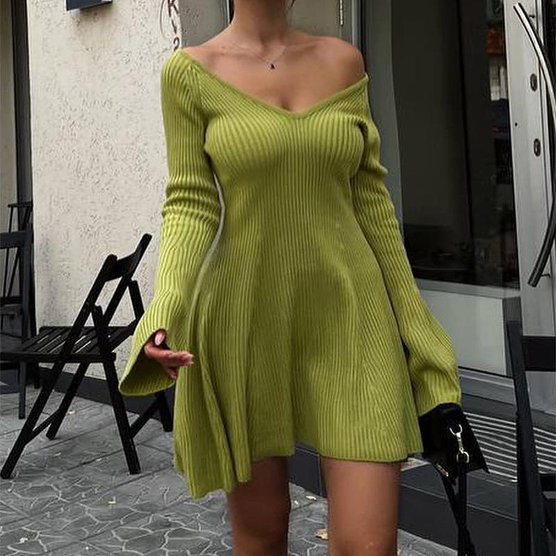 Women's V-Neck Long Sleeve Knitted A-Line Mini Dress