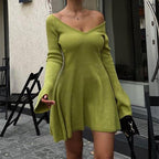 Women's V-Neck Long Sleeve Knitted A-Line Mini Dress