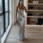 Women's Silver Sequin Halter Sheath Dress - Mid-Length Dinner Dress
