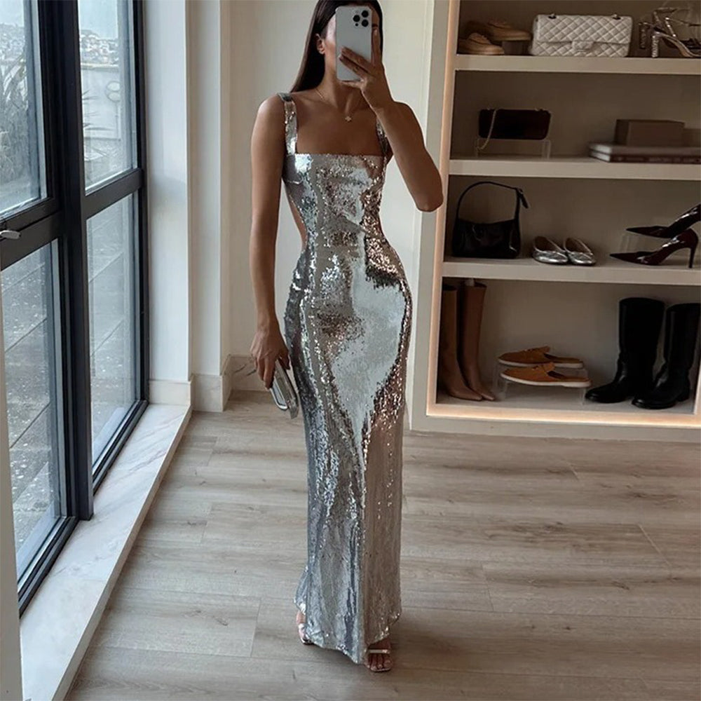 Women's Silver Sequin Halter Sheath Dress - Mid-Length Dinner Dress