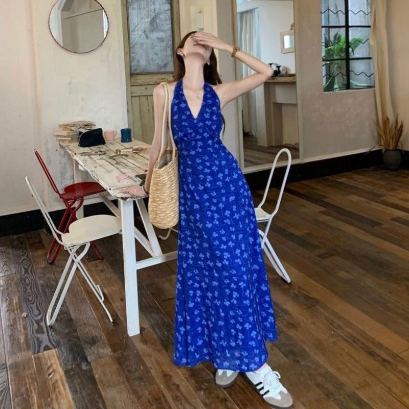 French Blue Floral Strap A Line Sundress