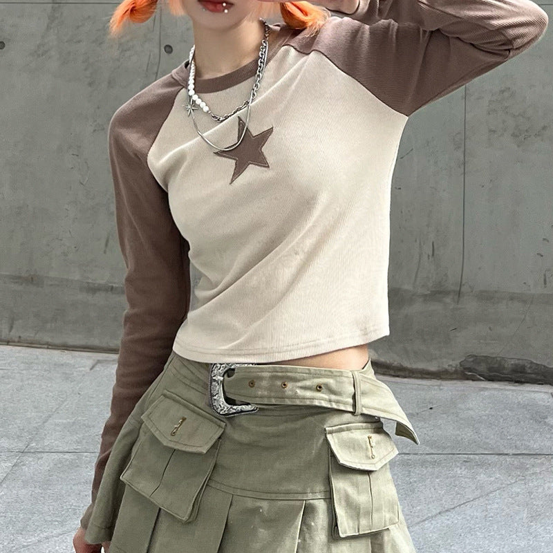 Khaki Stars Patchwork Long Sleeve Top for Women Chic Slim Fit