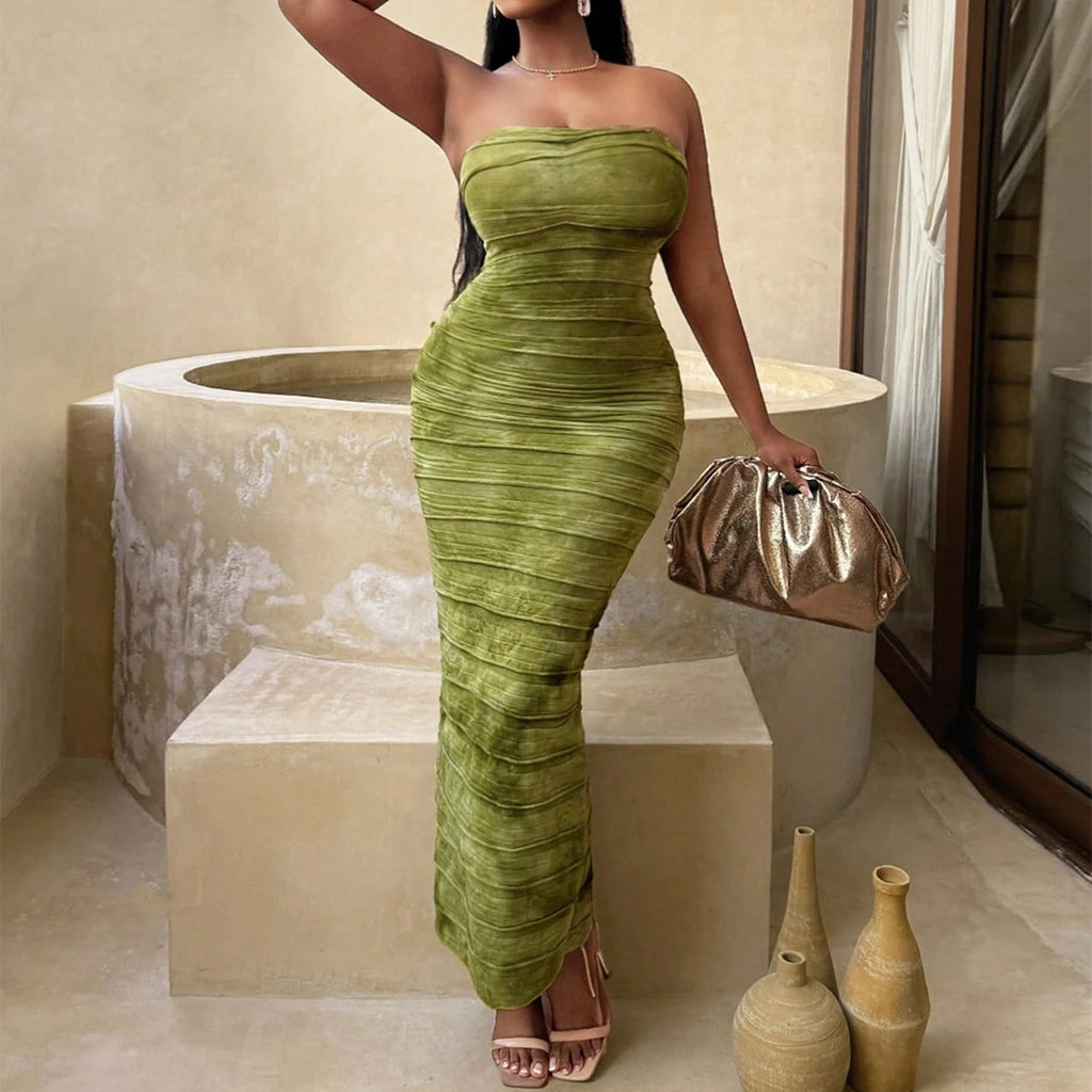 Green Open-back Tie-dyed Tube Top Dress