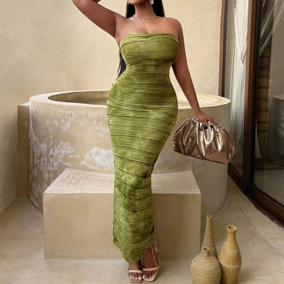 Green Open-back Tie-dyed Tube Top Dress