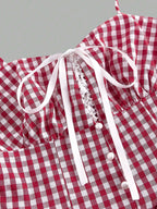 Country Plaid Lace Dress With Bow Trim