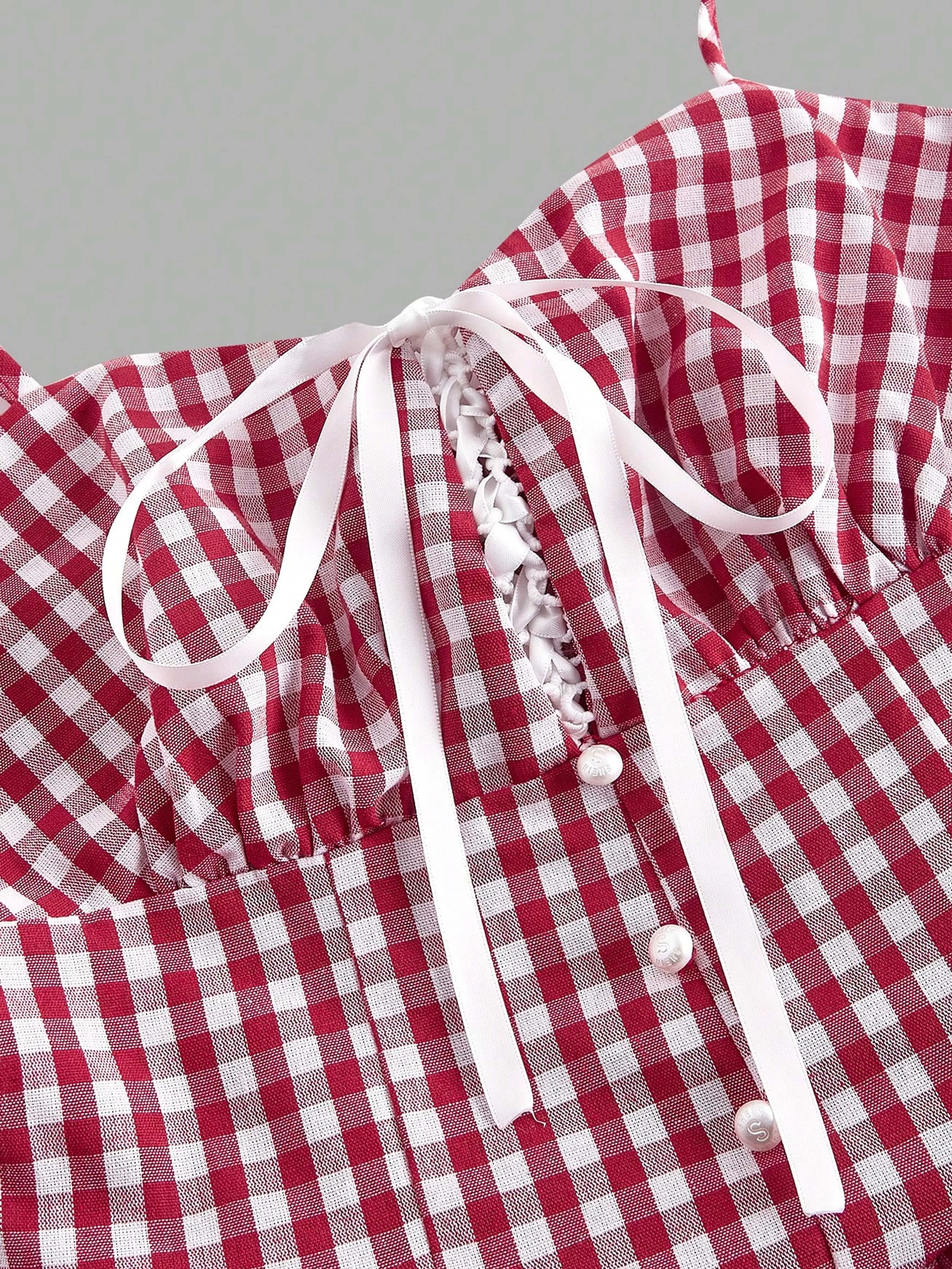 Country Plaid Lace Dress With Bow Trim