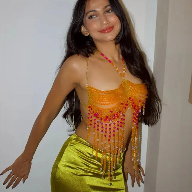 Handmade Orange Mermaid Body Chain Bralette With Beaded Harness