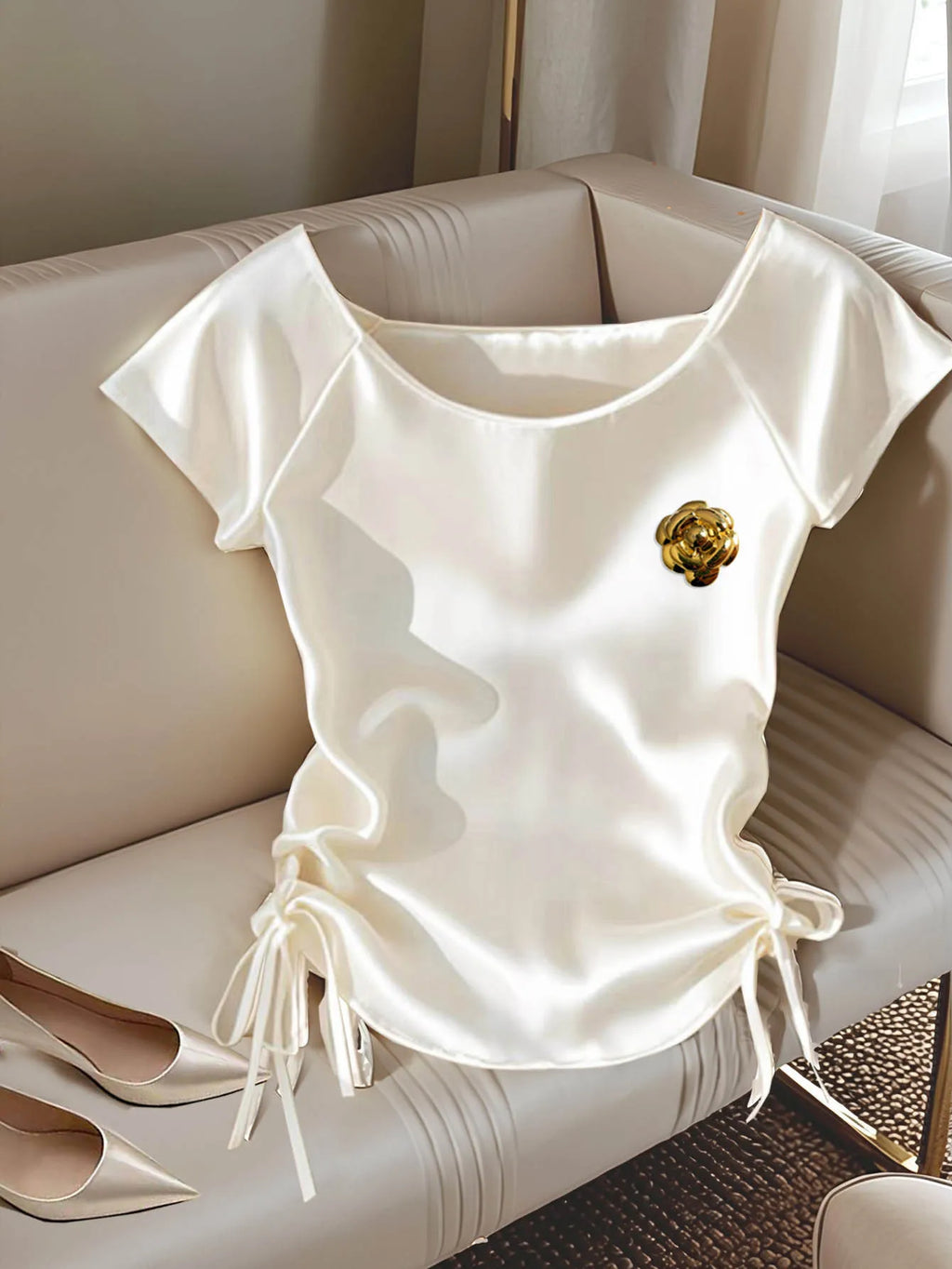White Satin Shirt With Gold Flower Brooch Detail And Ruched Side Drawstring Blouse