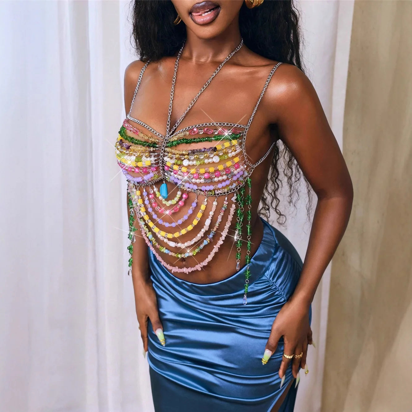 Multicolor Crystal Beaded Bralette Cover Up Halter Top With Chest Chain
